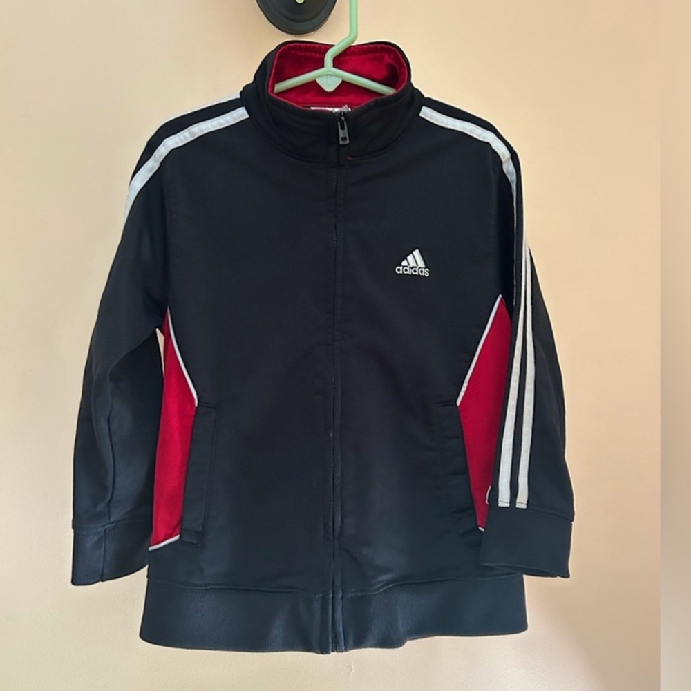 Adidas Full-Zip Track Jacket Boys Size 5 Black Red & White Sports Warm-up Layer